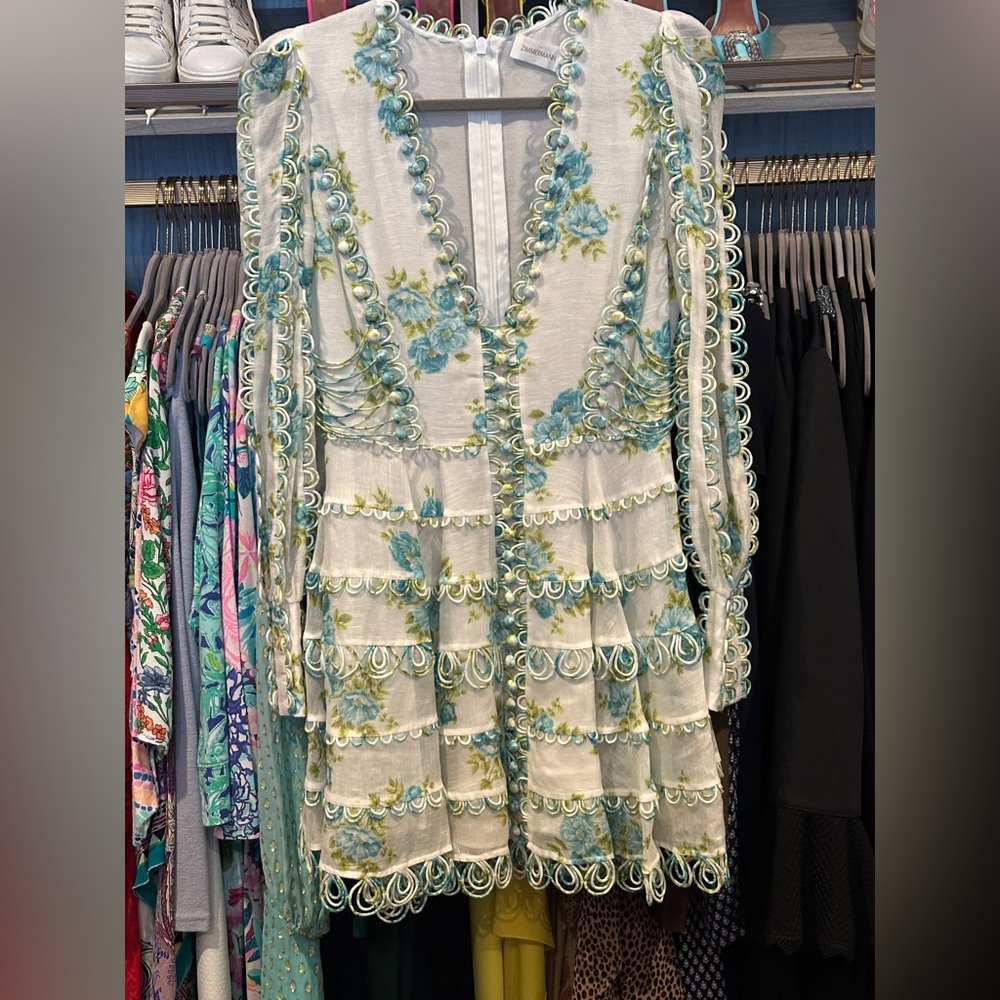 Rare! Zimmermann Whitewave Honeymoon blue and Green Embroidered Dress Size 2